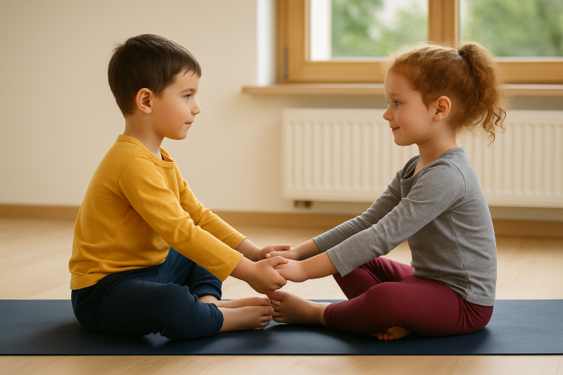 Deux enfants assis face à face pratiquent le papillon en acroyoga.