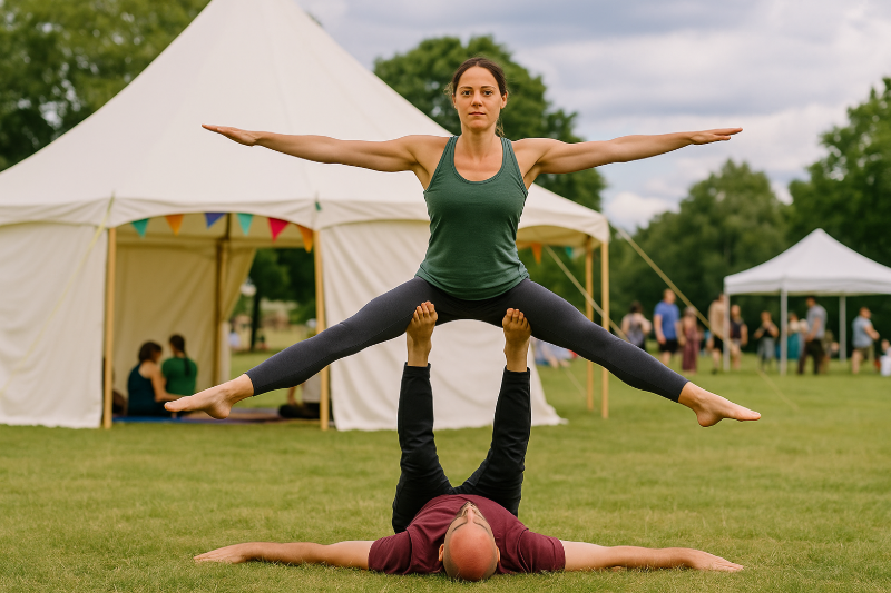 Posture AcroYoga en duo adulte lors d’un événement